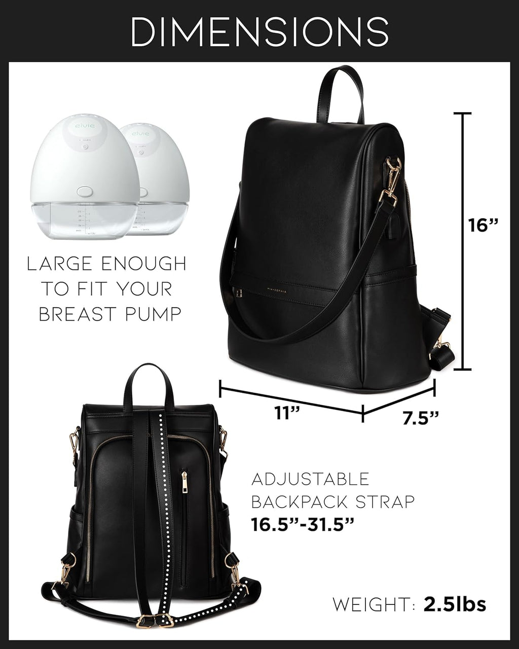 Leather Diaper Bag Backpack with USB Charging Port, Changing Pad, Stroller Straps, and Bottle Holder (Black Mia)