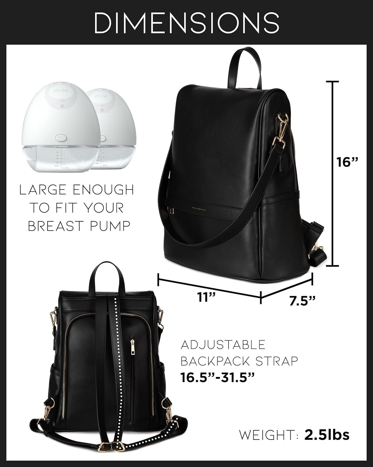 Leather Diaper Bag Backpack with USB Charging Port, Changing Pad, Stroller Straps, and Bottle Holder (Black Mia)