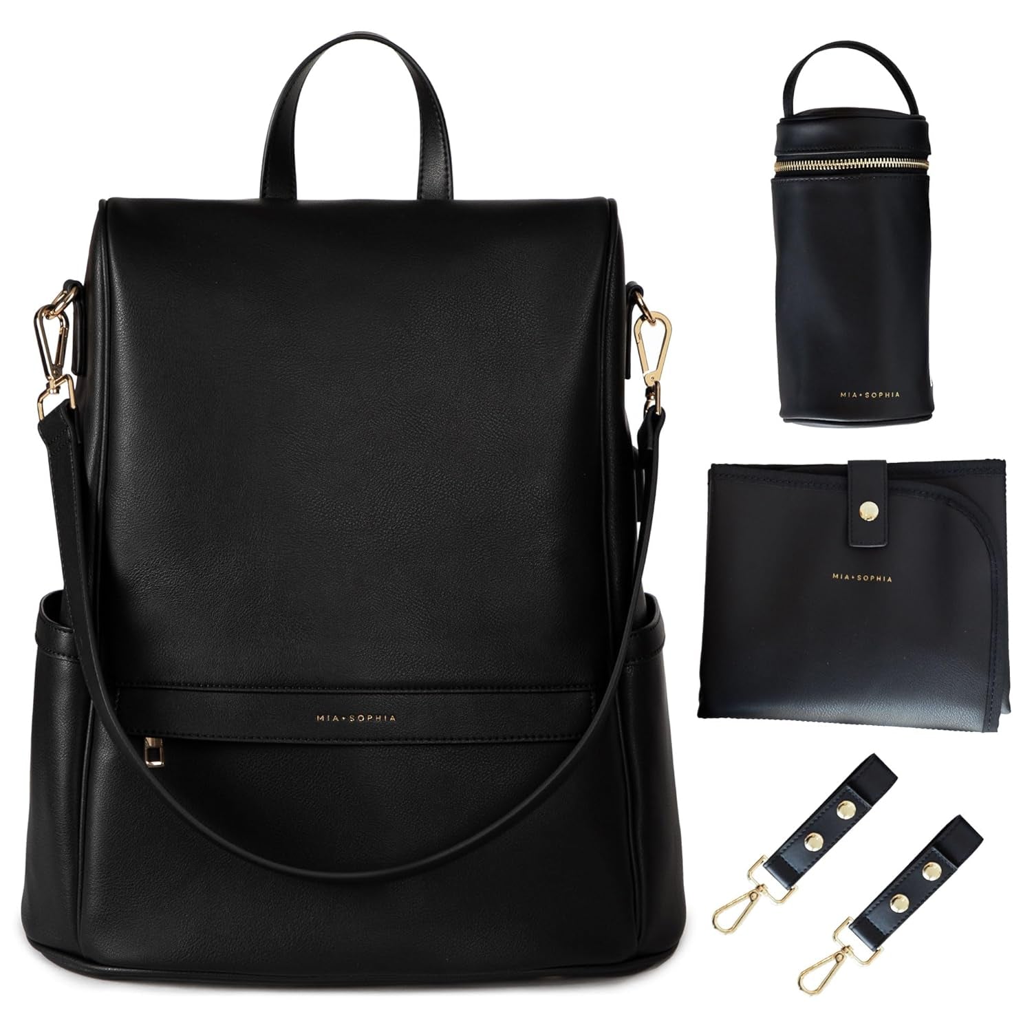 Leather Diaper Bag Backpack with USB Charging Port, Changing Pad, Stroller Straps, and Bottle Holder (Black Mia)