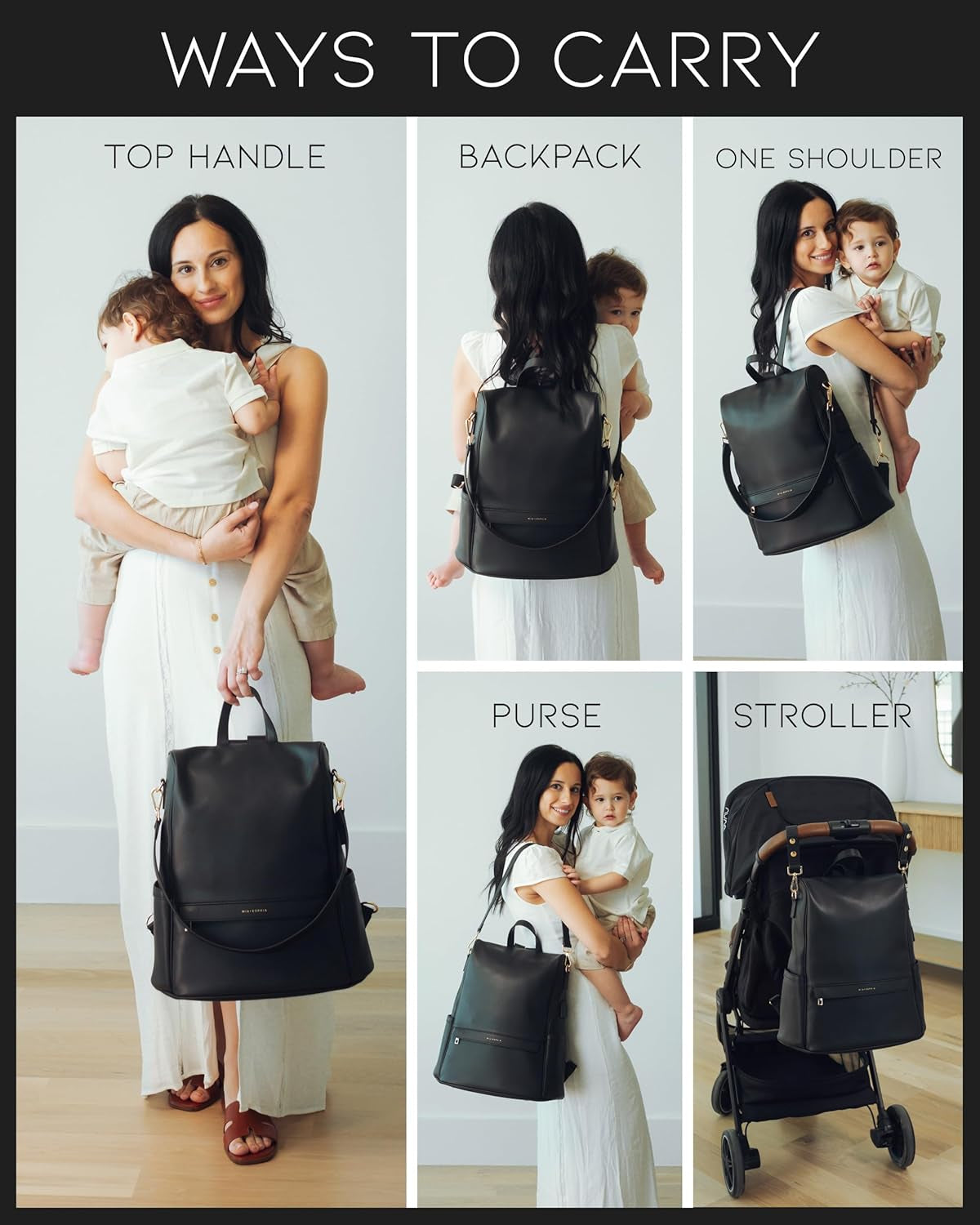 Leather Diaper Bag Backpack with USB Charging Port, Changing Pad, Stroller Straps, and Bottle Holder (Black Mia)